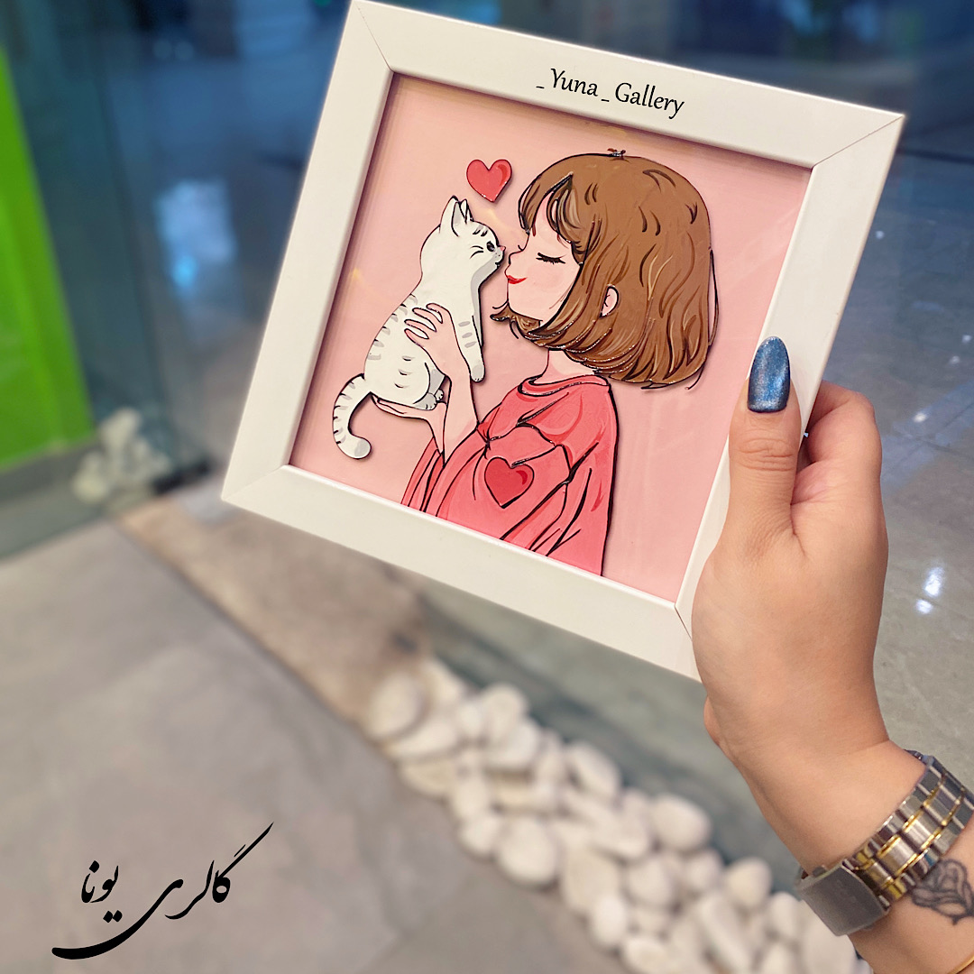 تابلو دختر و گربه صورتی